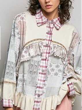 POL Patchwork Button-Down Shirt in Cream, Pink, Beige